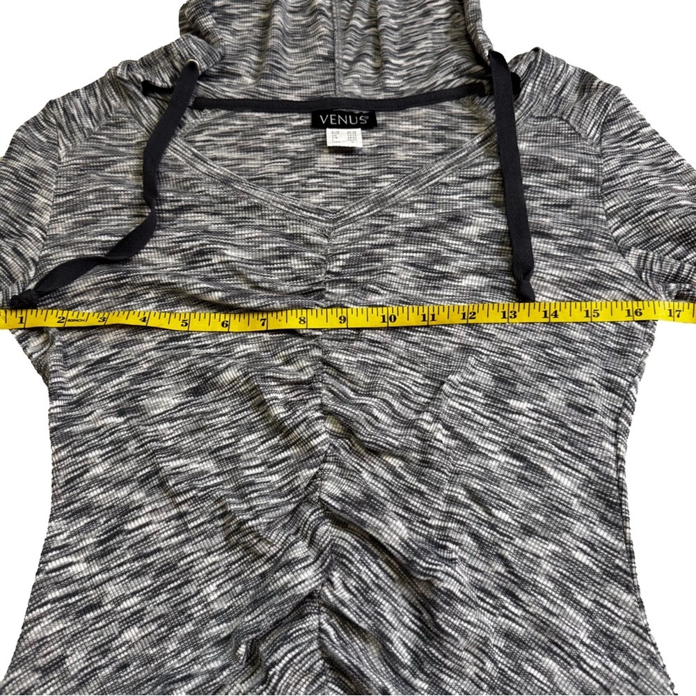 VENUS Grey Marled Knit Hoodie Size Small Long Sleeve Ruching Down Center Front - Picture 9 of 11